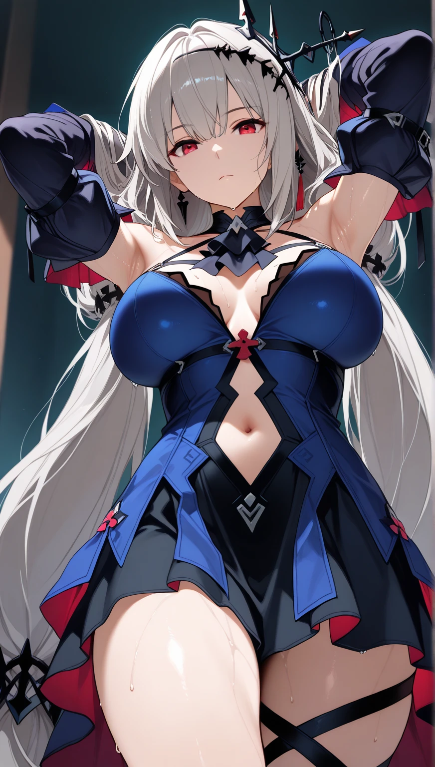 1girl, anime, cute girl, blank background, white background, fantasy, detailed fantasy dress with highlights, beautiful face, beautiful eyes, dark colors, black hair with multicolor streaks, red eye with different color pupil in eye, multicolor eye, medium small breasts (slightly big), slight cleavage, beautiful skin, cute, breast curtains, extremely delicate and beautiful, (beautiful detailed face:1.0), (detailed deep eyes), symmetrical breasts, deep eyes, shiny skin, portrait, slender waist, hips wider than shoulders, thighs, expressionless, young girl, luminous eyes, adorable,(Kpop idol),(aegyo sal:1),(Platinum blonde hair:1),((puffy eye)),Black panty,sexy posture,Superskirt, ultra high resolution,Black collar,slim figure, Abdominal y tattoo, womb tattoo,Tight-fitting leg ring,y tattoo on half-body,Bare skin, Armored hand,Hidden fingertips,Hand covered,Arm covered,Fist covered,{{beautiful detailed fingers}}, tufts of hair, moderate beautiful breast:1.0,(masterpiece:1.2), best quality, high-res, HDR, perfect face, intricate armor, delicate blue filigree, intricate filigree, red metalic parts, detailed part, dynamic pose, dynamic lights, cute face