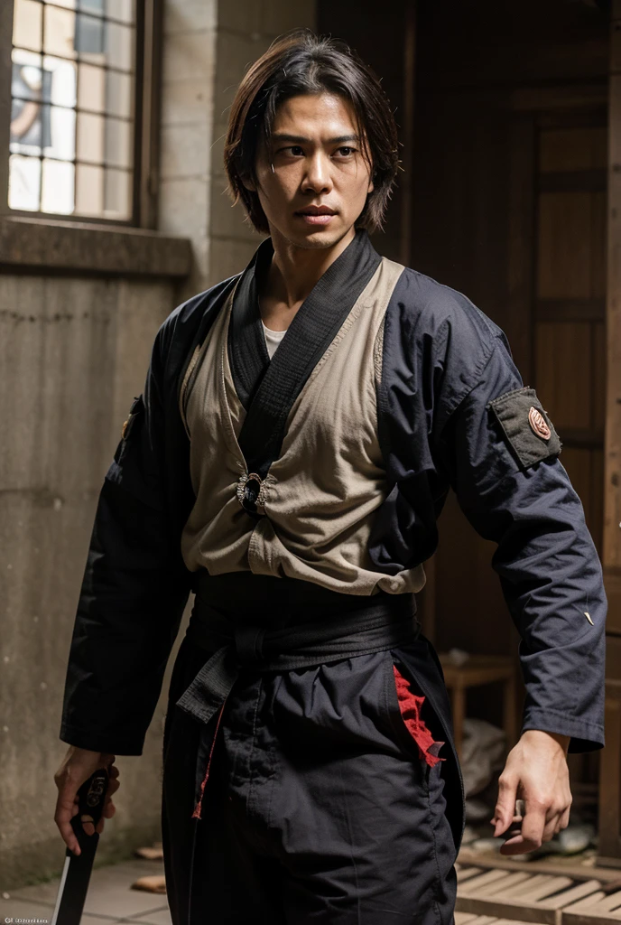 a Photorealistic wide shot of Japanese actor Shintaro Katsu as his character Zatoichi playing heavy music, dancing wearing traditional Japanese sandals playing a Banjo and wearing aviator sunglasses