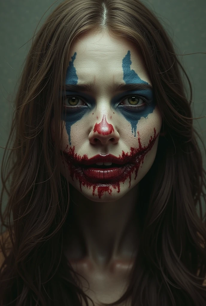 A breathtaking photograph captures the thrilling chaos of a high-speed chase scene from the dystopian world of Hellworld. In the heart of the chaos, a striking demon clown, dressed in a faded yet modern straitjacket, clings to the side of a refugee van with desperate determination. Her lower body is adorned with intricate, glowing tattoos that pulse with an otherworldly light. Sweat drips from her face, and her mouth is open in a terrifying scream, accentuating the stark contrast between the horror and her delicate features.

Behind her, the pursuit relentlessly continues as police cars blaze through the darkened streets, their head