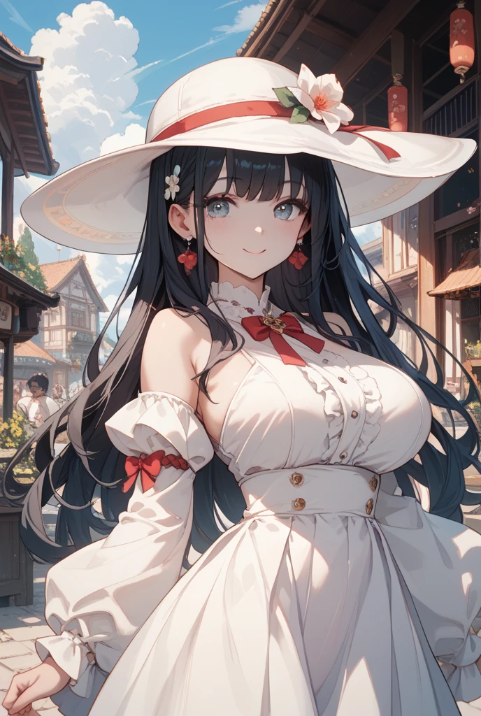 A woman wearing a red 18th century European lady's dress with white details, wearing an 18th century madame's hat, big breasts, red eyes, black hair, long hair, big red madame's hat with a peacock feather, smiling , perfect face, perfect eyes, postured standing walking on a dirt path overlooking a field of yellow flowers, wide view of the field, daytime location, white clouds with blue sky, sunlight giving good lighting, mountains in the background, Azur_lane, IJN_Taihou .UHD, masterpiece, accurate, anatomically correct, textured skin, super detail, high quality, best quality, 8k, high resolution, bokeh effect.(solo woman),white gloves, realistic, close view.