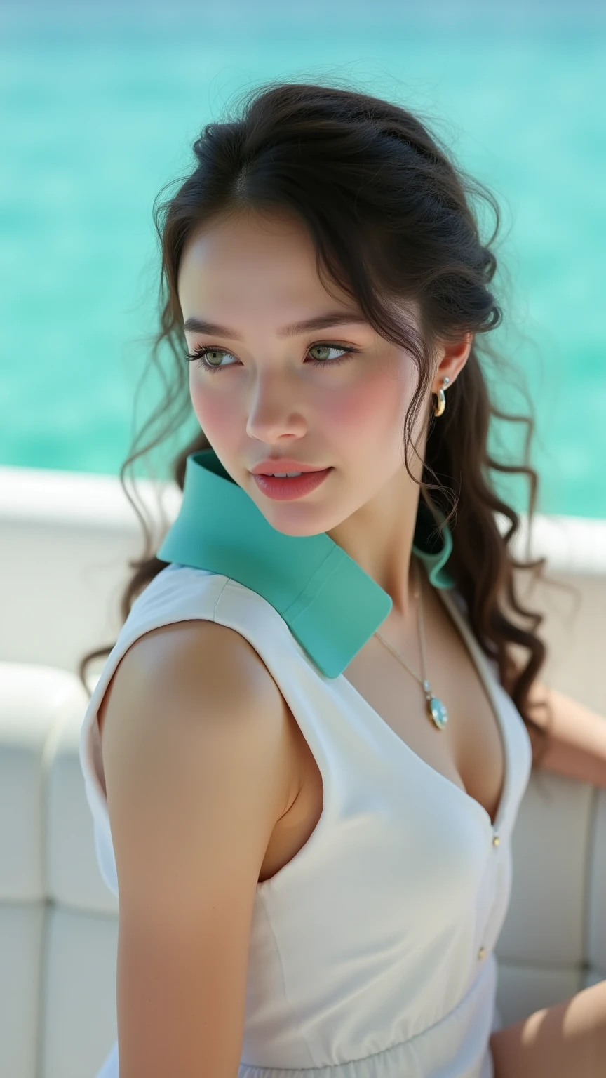 a photorealistic image of a woman's hand with long, elegant fingers resting on a crisp white tablecloth. Her nails are painted a soft seafoam green with a single, crisp white anchor delicately placed on each nail. The background is a blurred image of a luxurious yacht docked at a sun-drenched harbor.