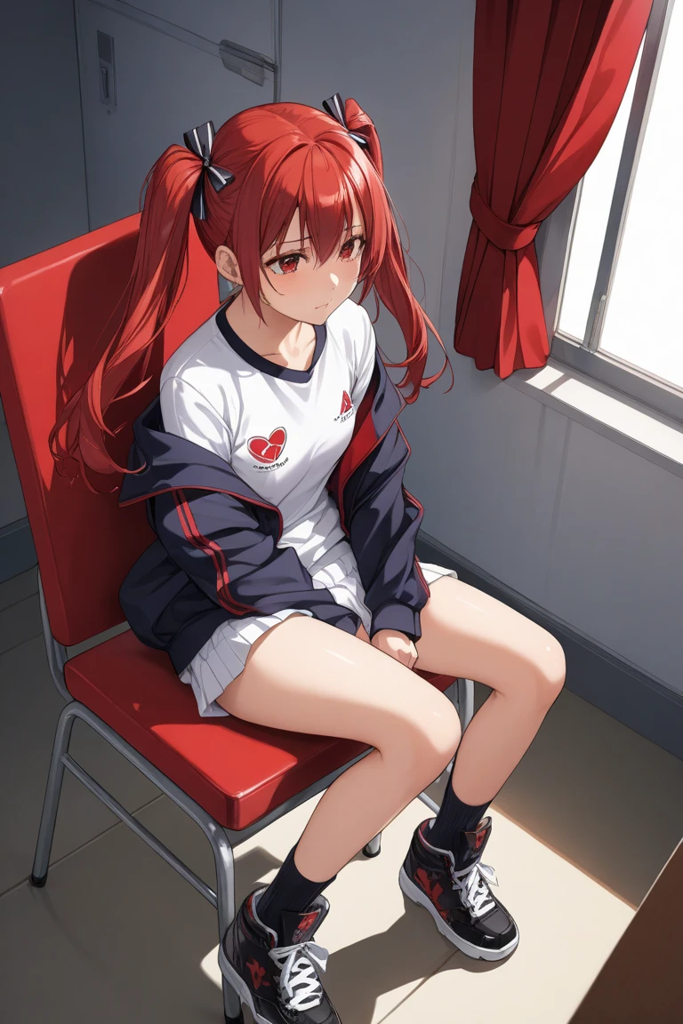 embarrassed, blushing,white panties under the skirt ,i can see the white panties under the skirt, lifts her skirt with one hand, panties peeking out from under your skirt., spread-legged position in Gym storeroom, knees apart, red hair, school uniform, mini-skirts, Hi-Res, 1girl in, Cute anime illustration