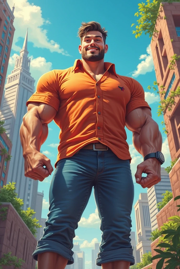 giant art, surreal Colombian man , Highly detailed Giant shot, Giant,, A gigantic Colombian man that's much bigger than a skyscraper, wearing newsboy hat, huge muscles , big arms, solid ripped white T shirt ,black jeans , wearing timberland boots,miniature metropolis, I'm playing with capturing very small aircraft carriers and battleships., gts, giga giant, giant, crash warship, tiny warship, micro warship,