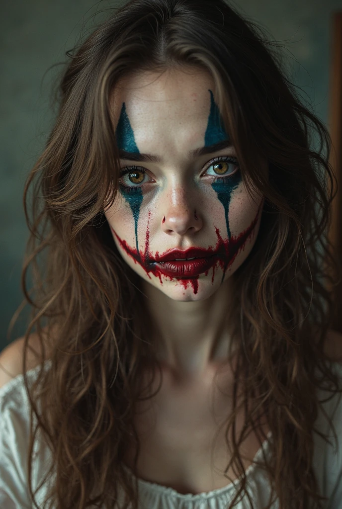 close up of a scary Shakira [(clown face paint:1.3):5] cyberpunk clown on a Circus background bycircus background, a character portrait  <lyco:Shakira:1>, BREAK <lora:difConsistency_detail:0.8>, BREAK <lora:difConsistency_photo:0.5>, soothing tones, muted colors, vogue photoshoot,photograph of a, hazy background,smoky,apocalyptic atmosphere,50mm,film photo,snapshot aesthetic,close up,film grain,instagram photo,solo,centered,vintage photo with film grain