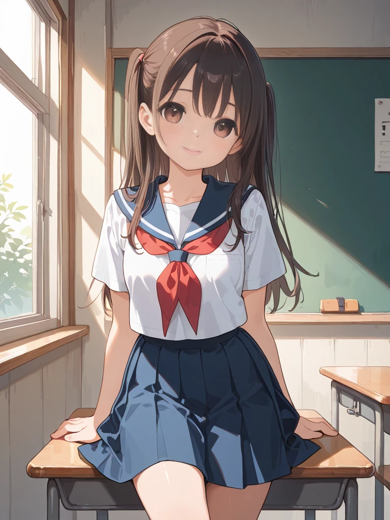 (masterpiece:1.2, Highest quality),(anime), One girl,10-year-old girl,Primary school students,smile,Light blue eyes,Drooping eyes,Brown Hair,Pigtails,A T-shirt with a white heart printed on light blue fabric,Black Mini Skirt,Black and white striped knee-high socks,Red School Bag,Are standing,Bedroom
