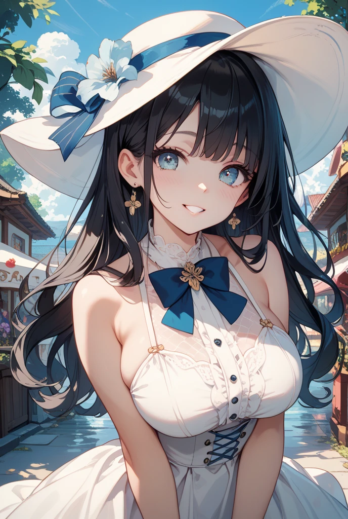 ((Highest quality)), ((masterpiece)), ((Very detailed)), (Very mature),A cute, high school student, childhood friend, completely naked, with gentle black hair and a height of about 165cm，A naked high school girl with big breasts and a cute smile， A gentle woman with a slightly long vertical face，Small Faced Woman，alone, Cute attitude,(background(bright)，