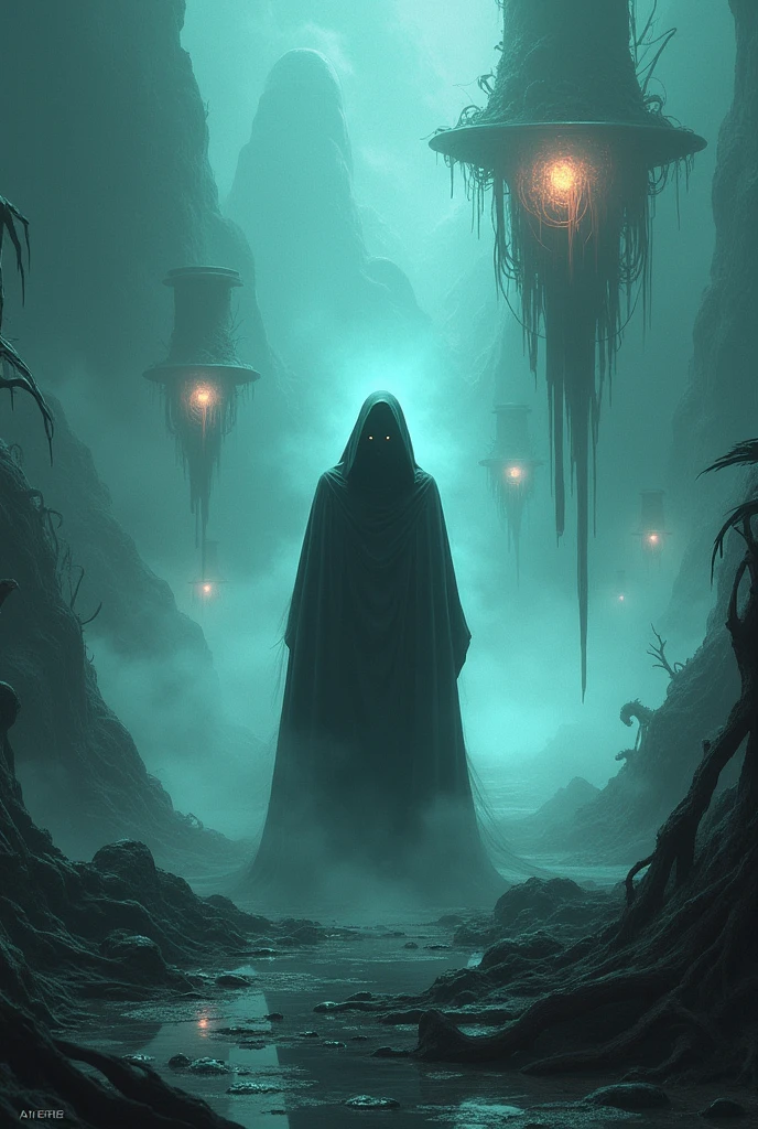 Cthulhu, The squid-headed alien god and the sprawling limbs of H . P. Lovecraft, venant envahir le monde humain, surrounded by a greenish mist coming from the stormy sea. Humans flee its presence. Overall view, ambiance froide dans les vert et bleue avec de la brume. Realistic Photography . capture dans le style photographique d'Alexandria Ramon, master piece, Photo brute, beste-Qualit, ultime photographic, Ultra-detailed, 16k, extremly detailed.