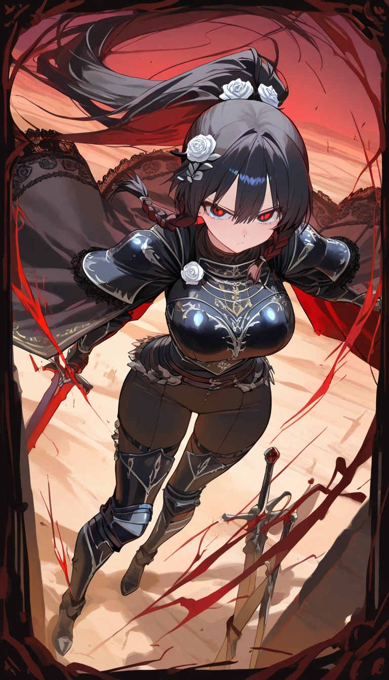 Iron bikini armor, iron crown, bare belly, big breasts, black hair, red eyes