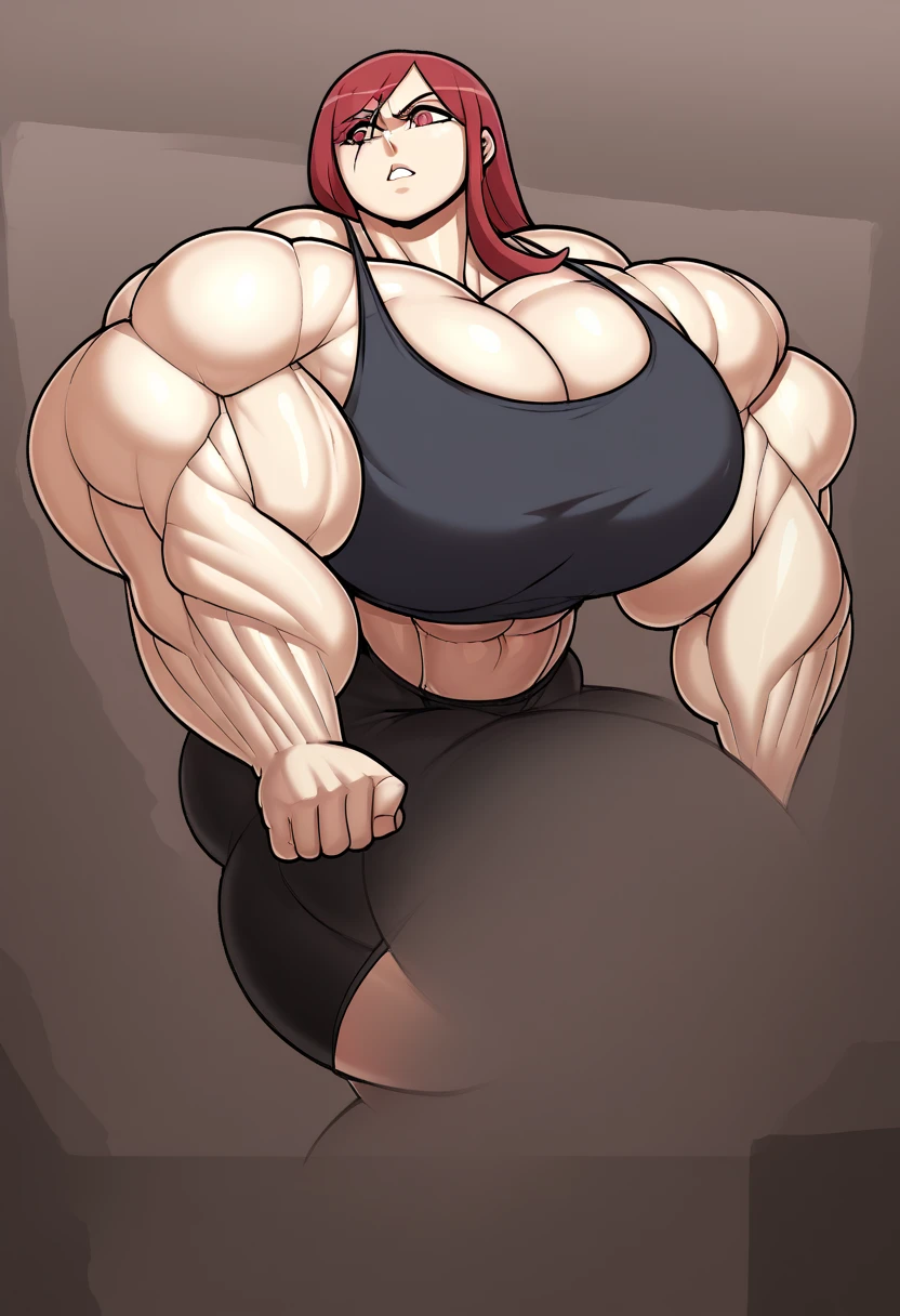 queen angela (she-ra and the princesses of power) , Women, Women enorme, Women musculosa, many muscles, giant muscles, bodybuilder body, a lot of effort, expression of great fury, very high, It measures almost 3 meters, too wide body, muscled body, very muscular, wide torso, Wide hips, wide legs, wide arms, too big muscles, huge arms, arms with huge muscles, huge breasts, muscular abdomen, very marked six pack, huge butt, Big legs, muscular legs, huge breasts, huge butt, excessive sweat, tank top, sportswear, a destroyed gym, being a bodybuilder, alone, looking at the viewer, sitting.