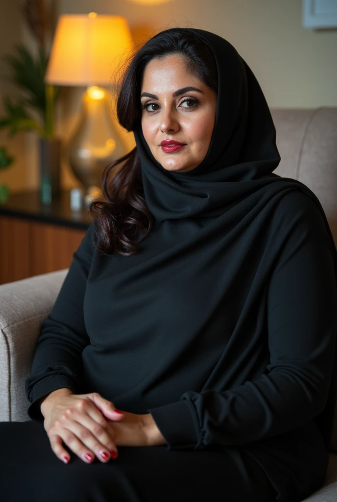 fair and beautiful ,stunning ,curvy 43 year old Aunty Arab Muslim woman wearing a dark maroonish puce brown hijab showing top part of hair near forehead and dark maroonish puce abaya frock showing cleavage big breas,ts low neckline in depth of field apartment interior background