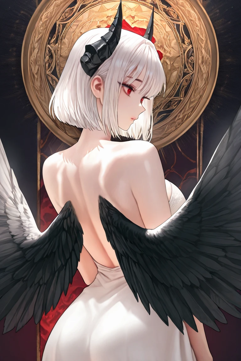 ((best quality)), ((masterpiece)), (detailed), 1girl, Character design, female, dynamic poses, long white grey hair, grey white eyes, very skinny, detailed, best quality, no accesoires around the neck, no shoes, prominent collarbones, skinny arms, flat stomach, visible hip bones, full body, blank white background, plain background, white background, red and white clothing, Bloodborne inspired, occult aesthetic, occult, detailed and intricate steampunk and detailed gothic, NSFW, Very dramatic and cinematic lighting, cosmic horror, grim-dark, side-lighting, perfect face, NSFW, Fluttering lace flared long knee length dress with frilly petticoats, knee length dress, pleated petticoats, petticoats gothic, complex lace boots, side-lighting, gothic aesthetic, wielding a mighty sword with mechanical components, mandalas, small breasts, a fairy, various different types of insect wings, NSFW, full body, whole body, body, plain background, white background, blank background, no background, white background NSFW, chains, full body, whole body, head-to-toe NSFW