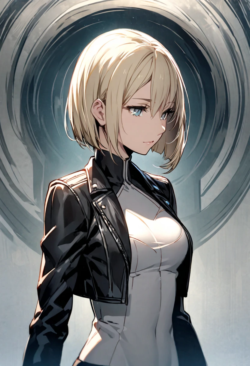 clare, (grey eyes:1.3), blonde hair, armor, bodysuit, detached sleeves, (white detached sleeves:1.3), bare shoulders, 1girl, solo, anime screencap, frontlighting, (simple background, black background, dark background:1.3), masterpiece, absurdres, hdr, soft light, best quality, detailed, highres, shiny skin, shiny hair, (looking at viewer, eye contact with viewer:1.5), light smile, (closed mouth:1.2), arm up, raised arm, armpit, (from side, from below:1.5)