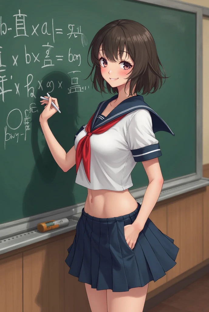 (top-quality、in 8K、32K、​masterpiece、nffsw、超A high resolution、Impresionismo、Photorealsitic:1.2)、Colossal tits、cowboy  shot, detailed faces and eyes、 Inside the classroom、Schools、Evening glow、beauitful face、blurry backround、16-year-old beautiful girl、shinny skin、half updo、beautiful brown hair、Blunt bangs、Brown eyes、(I closed one eye、put index finger on mouth:1.2)、a sailor suit、Pleated miniskirt、Curve、(Lifting skirt、I can see panties:1.4)、thighs thighs thighs thighs、dynamicposes