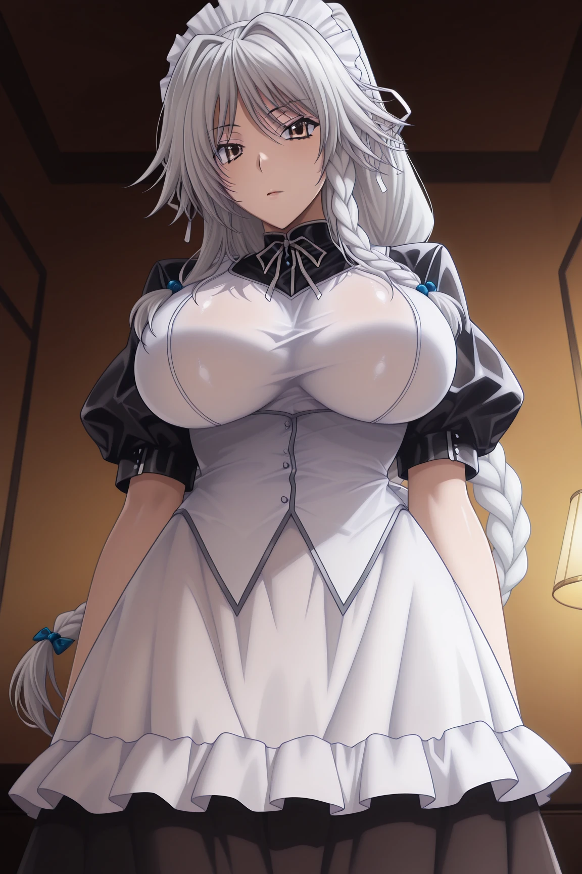 red eyes, (highest quality, masterpiece絵画:1.3), mature woman, 26 years old, (half body shot), masterpiece, Super high resolution, (Photoreal:1.0), silver hair、straight hair, Shiny and beautiful hair, white and shining skin, ((Super realistic details)), octane rendering, highly detailed face, (big breasts:1.0), ((maid)), (黒maid服),((black mini skirt)), (flip up the skirt), ((very tight pussy)), cleavage, perfect body, soft skin, anime face, perfect face, perfect eyes, looking at the viewer, smart, coffee shop,sharp focus, intricate details, professional artwork, (Bright colors:1.1), Bright colors, diffused lighting, digital blending, Super detailed body, ultra detail hair, super detailed face, It's trending on pixiv, top button opened, shy girl, Cute gaze, compensate, perfect lips, perfect compensate, Super precise painting, (light_smile:0.8), Very embarrassed, blush your nose,