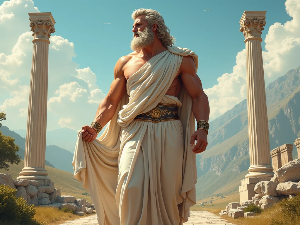 the god zeus, with a naughty smile, and with a Greek-style city in the background.