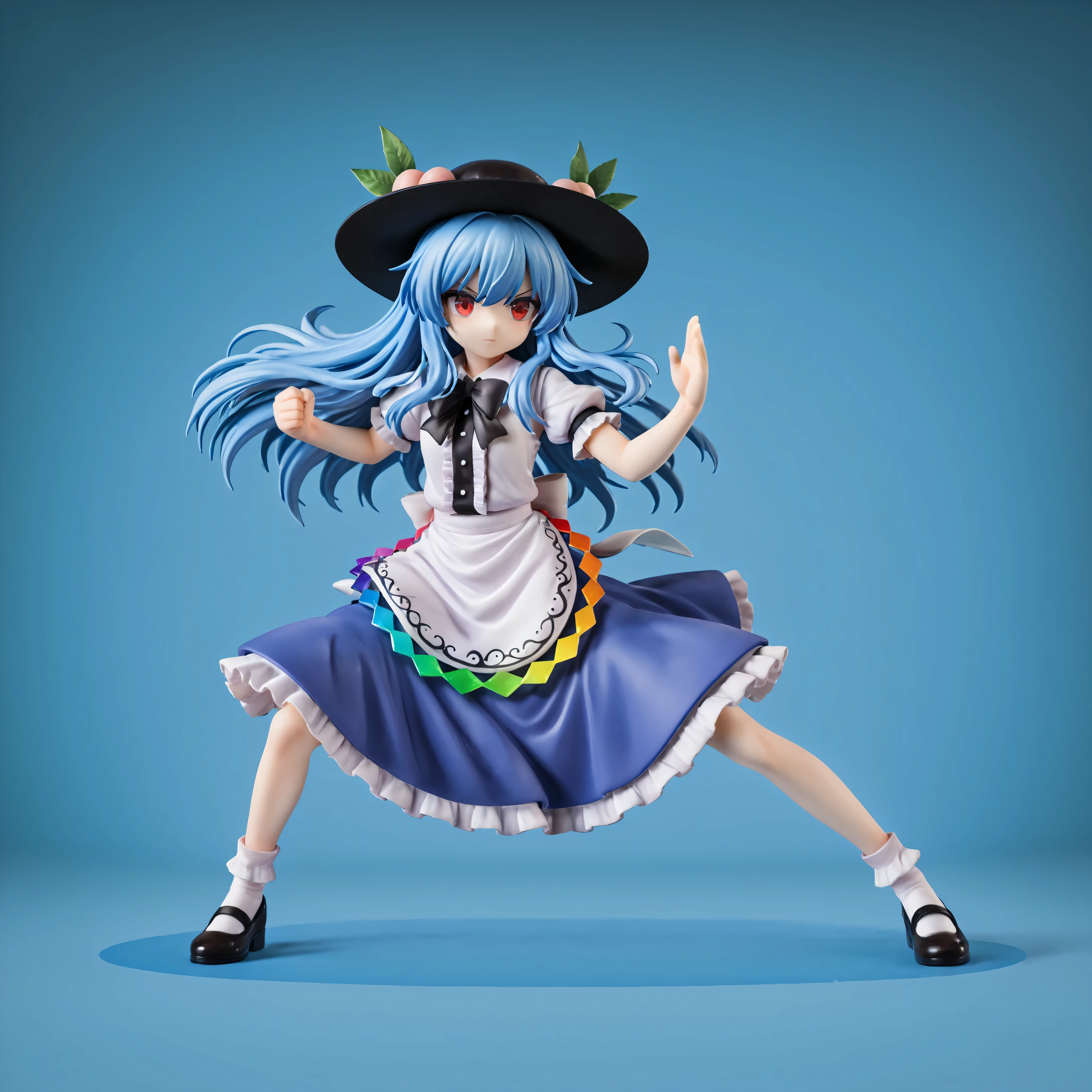Hiwi Tenshi,touhou,blue,with red eyes,Black hat,low saturation,background,Battle Stance
