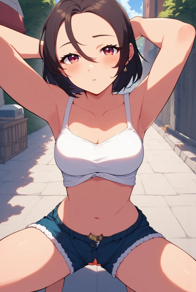 photo of mlp Meowko, RAW, beautiful woman, ((portrait)), ((detailed face:1.2)), ((anime face, anime facial feature, clear skin, glossy anime lips, clear skin), (short messy lesbian haircut, brunette: 1.55), (perfect proportioned body, Strong, muscular, narrow waist, narrow hips, skinny, large breasts), looking down at her, (she is wearing an oversized baggie t-shirt, G-String bikini bottoms:1.45) lying in bed, lying down, head on pillow, (realistic photo, best quality, detailed), (8k wallpaper), (cinematic lighting, beautiful light, (noon:1.3)) (sharp focus, intricate)