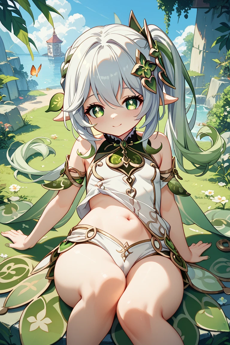 girl, ,, , micro bikini,, super, nahida, micro white bikini, elf ears, silver hair,light green eyes,sexy,green hair ornament,small breasts, from below