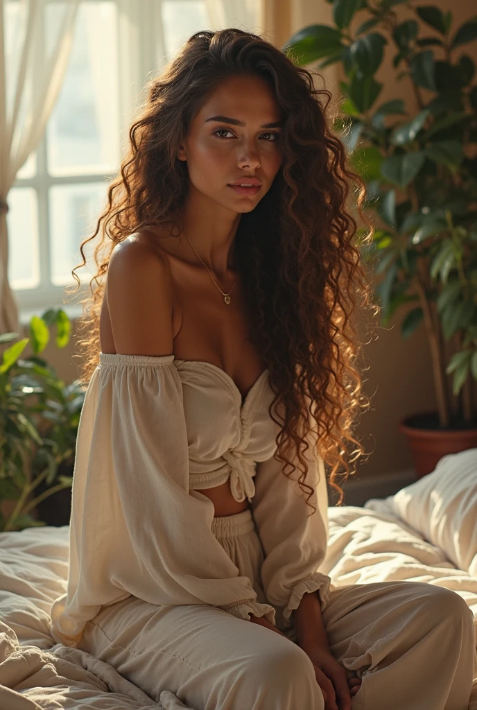 (photorealism:1.2), beautiful woman, sitting on bed, wearing loose off-shoulder top, pajama pants, long curly hair, indoors, soft lighting, plants in background, window with sunlight, cozy room, relaxed pose, realistic, intricate details, warm colors, by Greg Rutkowski, by Alphonse Mucha