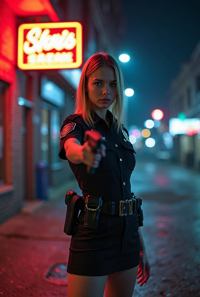 high quality photos, Night Street Corner, Neon Sign Glowing, young female cop, miniskirt,  Gold, straight hair, facing the front, hold up a handgun