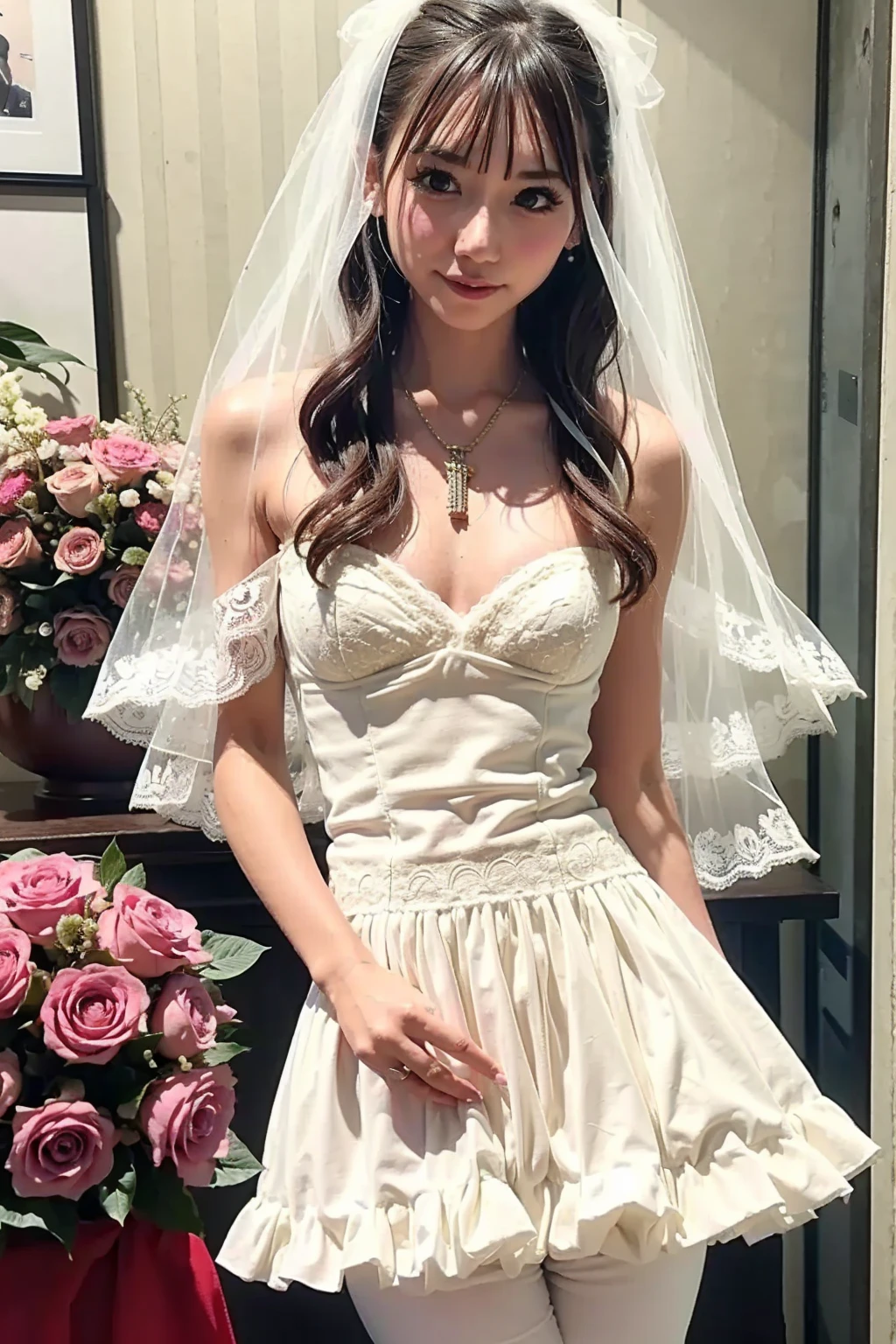 (masterpiece, highest quality, beautifully、aesthetic:1.3), View Viewer, Japanese beautiful girl、18-year-old high school student、alone, A light smile,low length、Immature body、Very small and beautiful、Beautiful cherry-colored areola、Erect nipples、Narrow waist、Small butt、Shaved、No underwear、No bra、No underwear、 Octane Rendering, Bridal Veil,Plunging neckline with lace trim, Upper body naked、topless、See through, The front of her wedding dress is open, exposing her breasts.、Her breasts are sticking out of her dress、, White veil on head、Outdoor, White Rose, garden, morning, Are standing, Very detailed, Upper body naked、topless