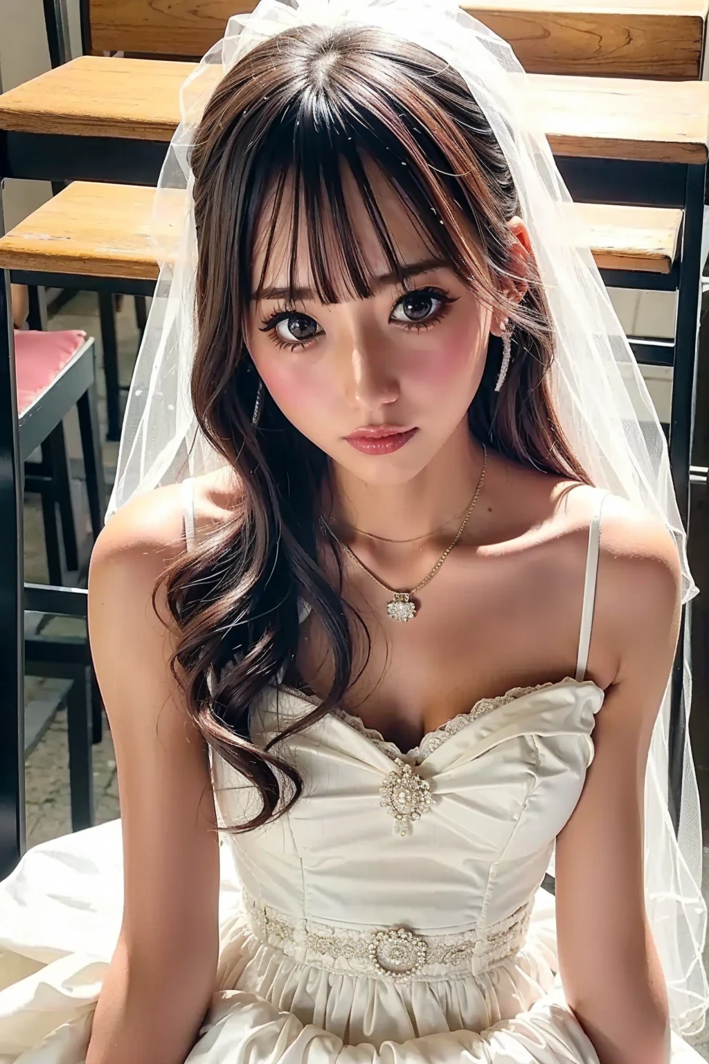 (((CUTE MALAY GIRL))), masterpiece, High quality, UHD 32K, Realistic face, Realistic skin human feeling , A Japanese Lady, 8 years old, ((layered hair with pony)), Very cute and baby-like face, (MATRIX WORLD), ((SADNESS)), (((WHITE))), (((CUTE GIRL))), ((WEARING SEXY WEDDING DRESS)) SATIN FLORAL PATTERN, straddle in bed, perfect fullbody, Red Lips, earing,