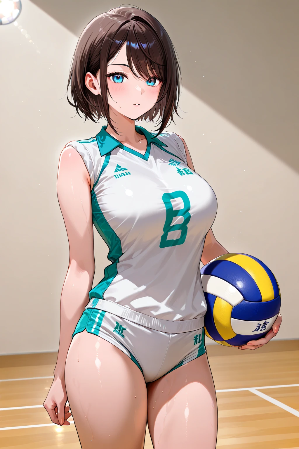 Girl with short green hair, Small size breasts,、Green Eyes, 、,Full body photo from head to toe、Volleyball Player、Volleyball Uniforms、、Uplifting、Leaning forward、、receive、Dive to pick up the ball、Desperate、Sweat、Uplifting、A moving picture、