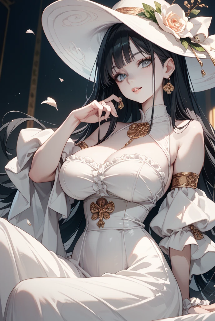 Masterpiece, very detailed, ultra detailed, one, (1 woman), she is in a simple witch's snow-white dress, detailed white witch hat and in an elegant position, super mature, tall, mom, mature mother, long hair, straight hair, super black hair and sides hair, beautiful, charming, blood red eyes, red eyes, elegant, big breasts (huge), cheerful breasts, kind face, charming, white background, laboratory atmosphere.