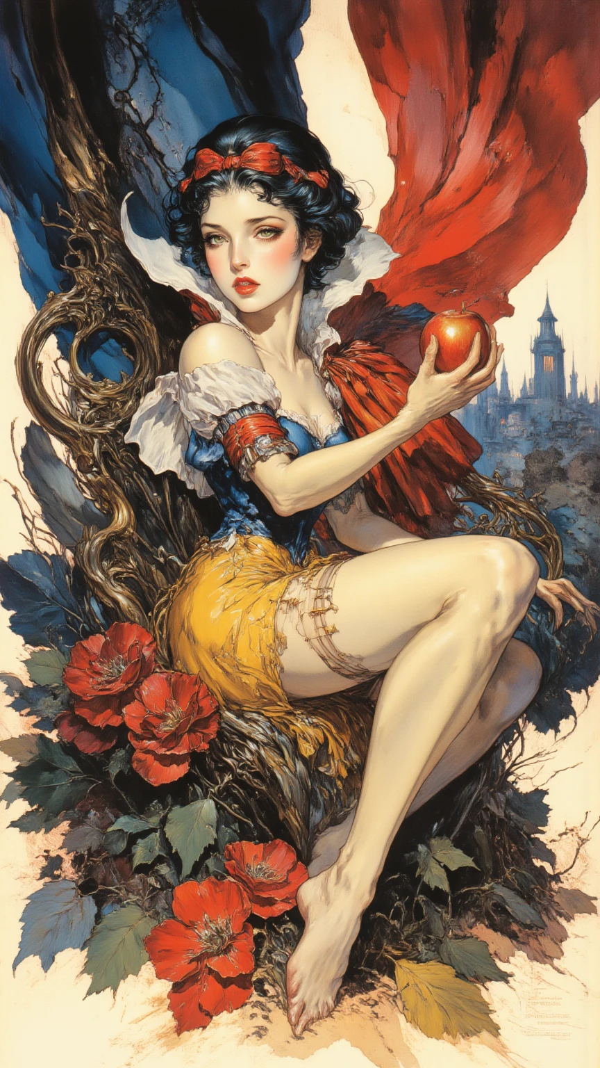 a naked witch, covered in tattoos, flying above a castle, laughing