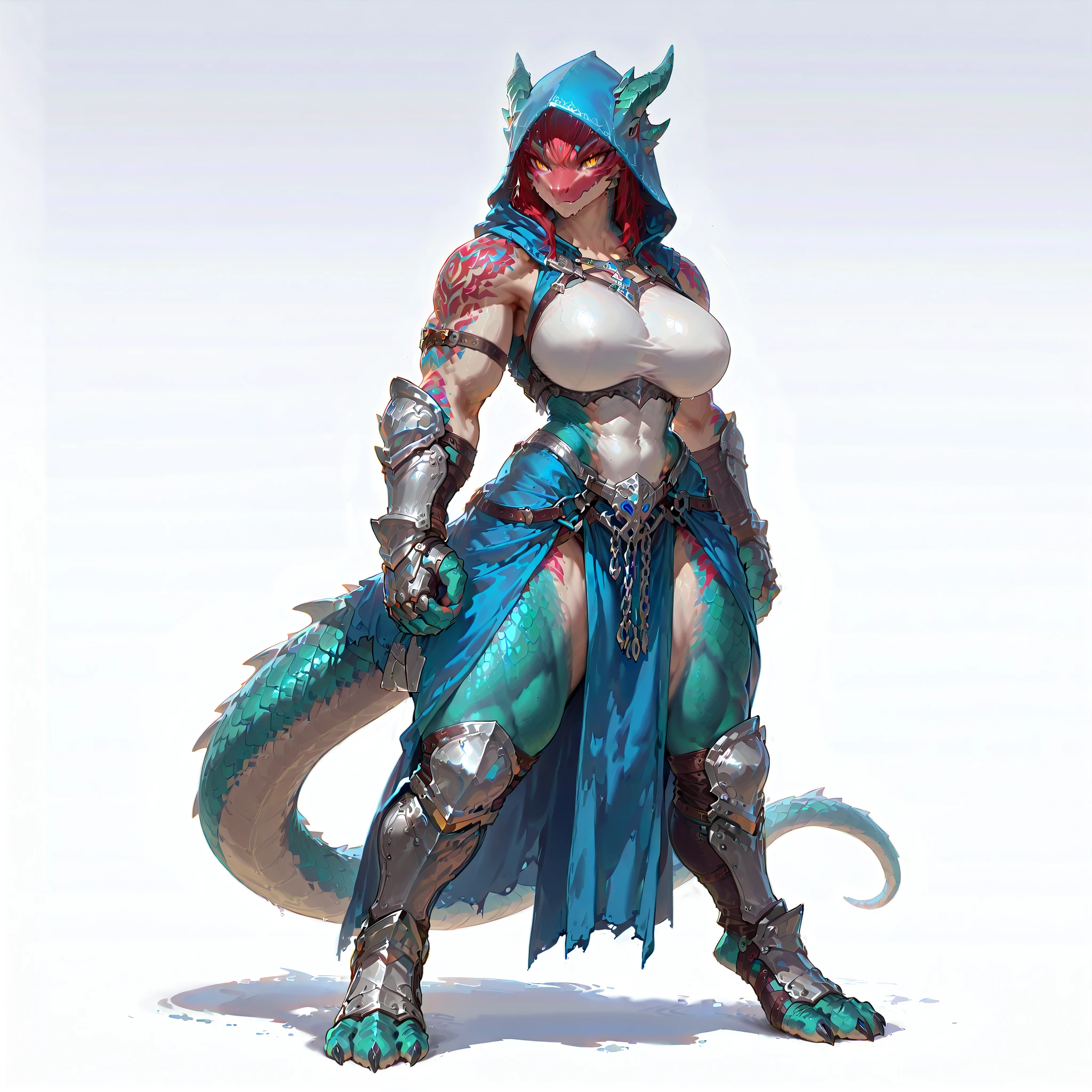 (((masterpiece))), (((Best Quality))), ((Ultra-detailed)), (High Definition anime Illustration), ((extremely delicate and beautiful)),solo, Full body, dragonborn monk lady, lizardman, lizard body , lizard head , lizard scales , sea green skin , lizard tail , with perfect eyes , lizard eyes , yellow eyes , black pupils , long curved horned, blue ragged hooded robe , sturdy scaled limbs, thick long tail. huge hips , (Red face tattoos covering the entire face)(Bulky gauntlet with steel chains wrapped),very confident,(Super huge big breasts),(breast enlargement)(thick legs)(muscular)(Character Focus),highly detailed, Colorful, highest details, very massive, full body standing, Digital Painting, 8K High Resolution, trend art station, Whole body, (((white background)))(dungeons and dragons)
