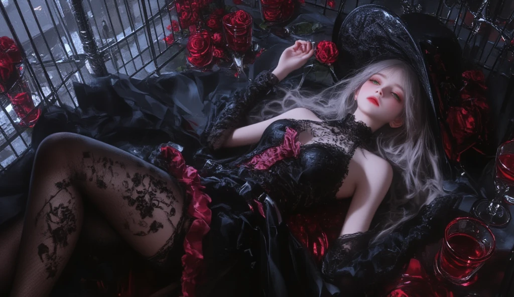long white hair, girl,White stockings on her legs,Bedridden Bloodied Shalltear from Overlord, vampire fighter, (( form-fitting soft black evening dress with a large heavy skirt, adorned with a lace ribbon and a short custom-made jacket, giant ribbon in hair, multi-layered skirt, hairpin, wine liquid)), (White skin, White hairstyle with a long ponytail, bright red pupil, blood's effect on the body, Unsettling aura, body shape), (Masterpieces, a high resolution, fantasy art), Queen's bedroom background