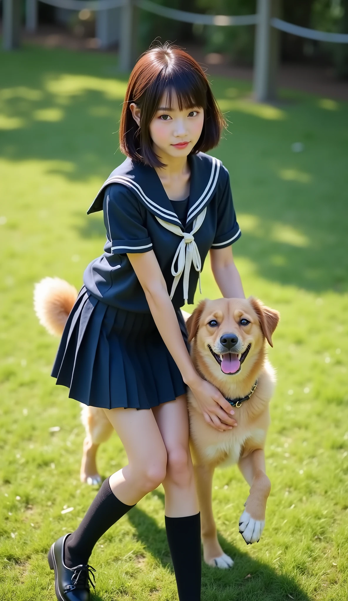 (Draw the whole body:1.ung Japanese woman hugged by Sachi、(Small park)、lawn、Walking with a smiling dog、((A woman and a big dog are running side by side:1.45))、((Women wear navy blue sailor suits、dark blue pleated mini skirt、white skin、beautiful dark hair、bob cut、light makeup、Beautiful Thighs、Black Knee-High Socks、black low heel pumps))、(dog with light brown fur:1.4)、Beautiful and huge breasts、Precisely depict the hands and feet、 RAW photos 、16K、reality、professional photography techniques、Ultra HD、(Angle of view from a bird's-eye:1.35)、16K、(real photo)