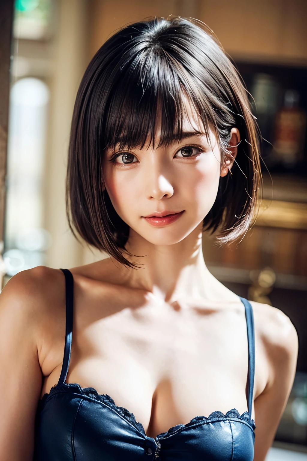 (masterpiece, highest quality、super dense skin、get used to it),1 girl, alone,Beautiful symmetrical face、 hyper realistic, realistic,realistic, light brown eyes stare at the viewer,Brunette short bob hair with highly detailed shiny hair、intense eye highlights), See-through brightly colored winter clothes,Lovely see-through costume full of charm、 lips,lip gloss, outdoor, Upper body、Big eyes、eyelash、{Huge|big|Hugeな|mega} chest:2, cleavage:2、(Big eyess short bob hair beautiful detailed eyes、Adds intense highlights to your eyes with eye-catching light、large full chest、look at the audience、she is very beautiful and cute、show me your ears、long neck、smile、Close your mouth and smilee、perfect anatomy、ideal body proportions、Please tilt your head slightly)、（Snow-covered tree-lined street in Norway in winter）、(she is a very cute and attractive woman)