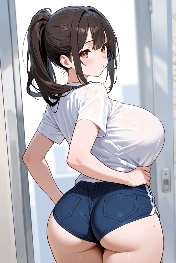 Highest quality、masterpiece、Large breasts、Small waist、Brown Hair、blue eyes、Long Hair、locker room、white underwear、