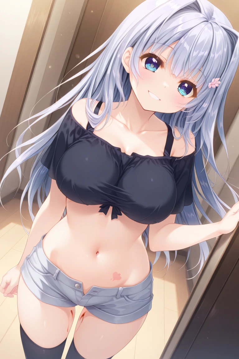 Japanese high school girl with long white hair lifts her skirt,Showing off cute hindquarters in panties and bra