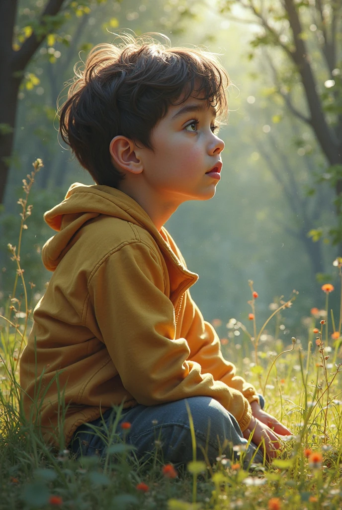 Real image of a nine-year-old boy alone and thoughtful, focusing on his imaginative gaze under the shade of a small fruitless tree, fruits or flowers, more than there are leaves.