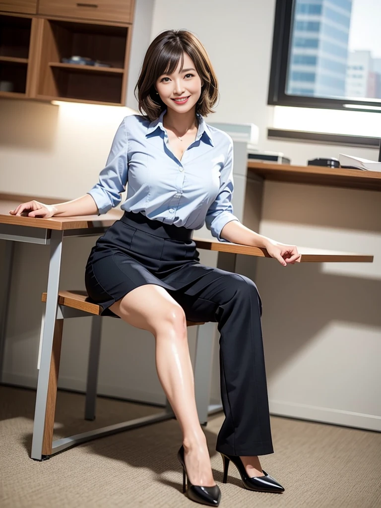 office backdrop, sit a chair, cross one's legs,