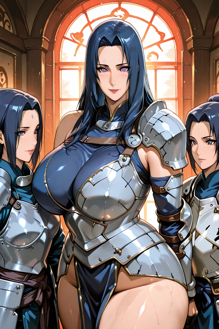 best quality, (masterpiece),(ultra-detailed), (high quality), (high resolution), (2heads:1.5) Gal, purple hair, brown hair, large breasts, thighs, silver paladin armor, female paladin, fully armored, medieval outfit, pink eyes, blue eyes, sword, armored chest piece, gorgeous female paladin, Guild Clothes with Armor