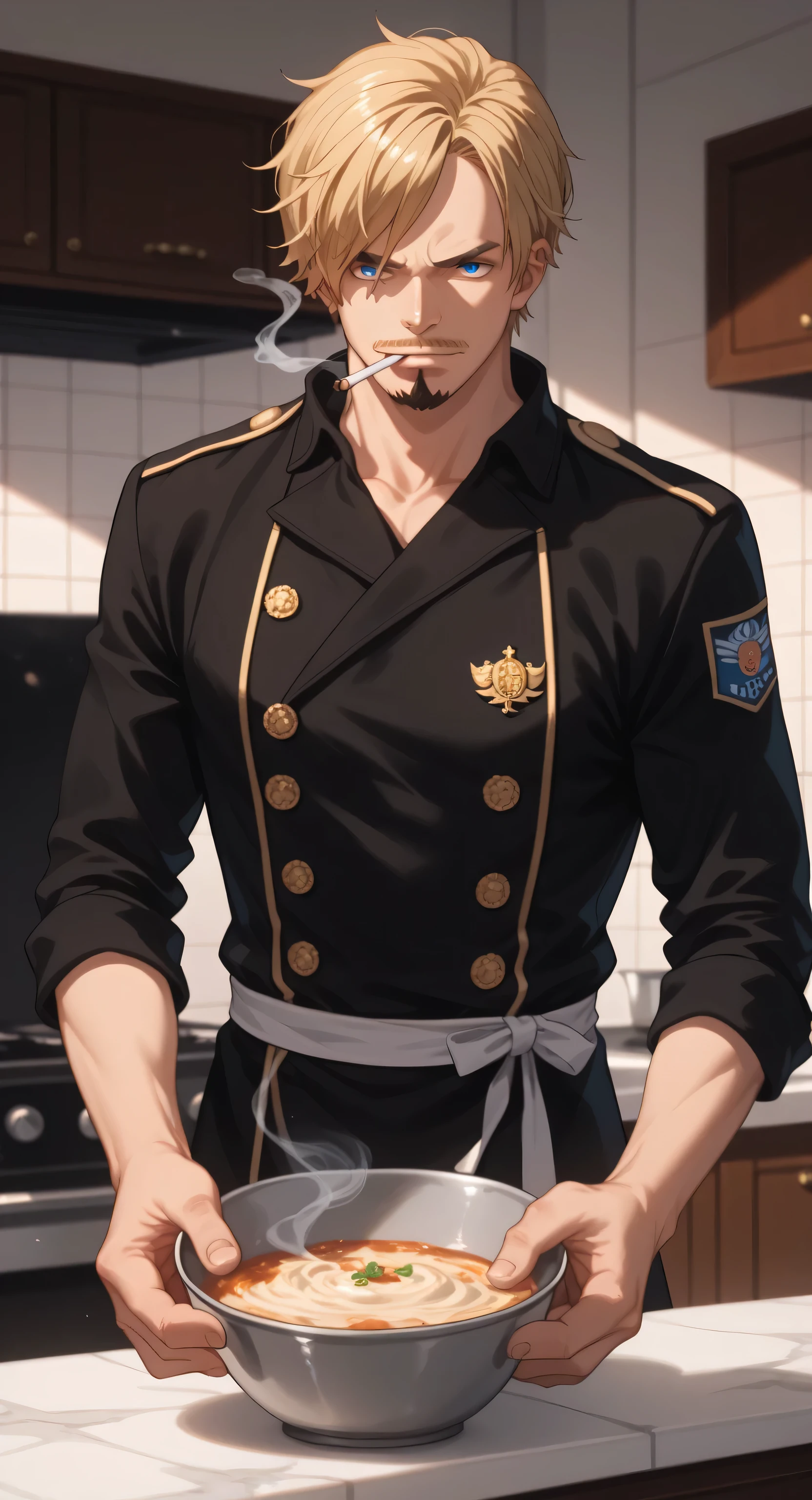 1male,solo,Sanji Vinsmoke,blond hair,blue eyes,goatee,cool face,smoking,ciggarette,black cook uniform,cooking,