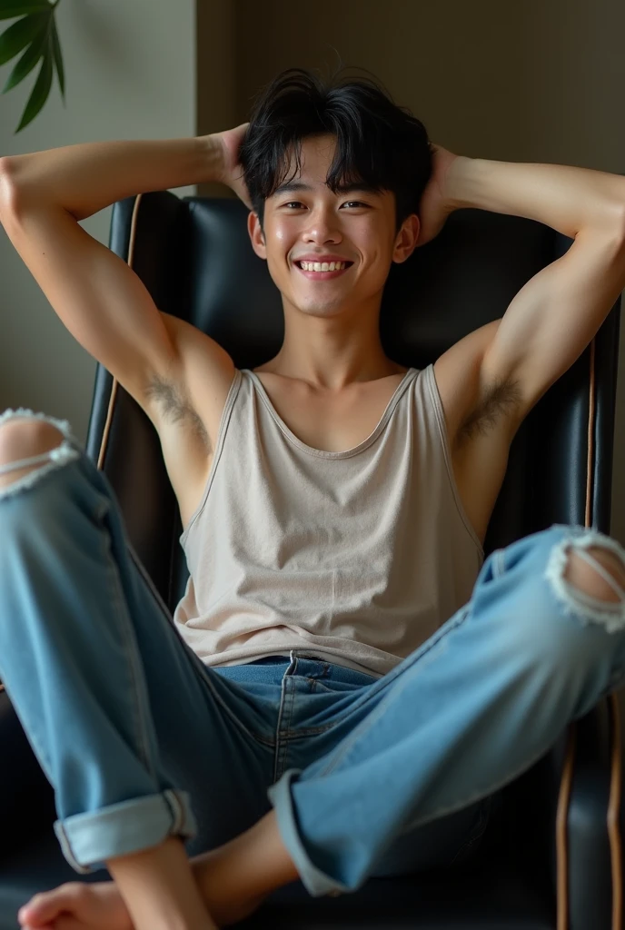 Japanese men、13 years old、Muscles and smooth skin、Very short black hair、A relaxed and friendly smile、Orange and blue boxer briefs、The whole body is well visible、Fist pump in the living room、Laughing with mouth open、