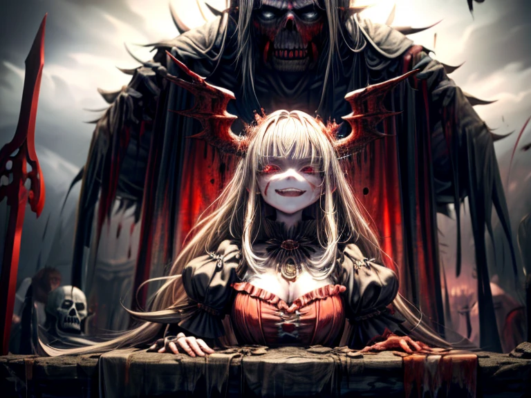 (Highest quality,4K,High resolution,masterpiece:1.2),Very detailed,Realistic:1.37,masterpiece, Highest quality, Exquisitely crafted, woman, beautiful, elegant, smile, Blood, iridescent Long Hair, bangs, skirt, shirt, Long sleeve, Frills, shoes, (Red and Black:1.4), flower, Spooky, Horror, 頭蓋Bones, Long Hair, Black Hair, Candles, Blood, hair flower, The dead, hair ornaments, Bone, doll, 頭蓋Bone, skeleton, Horror (theme),Spooky altar background,Dark fantasy,Red color scheme,Ominous atmosphere,Eye-catching,Storytelling,anatomy,Anime Style,Concept Art,beautiful細部までこだわった顔と (((Red eyes ))),Terrifying Ritual ,Satanic Ritual,Untimely Death,Unjust act,クレイジーなsmile,Scythe Face,Girl Monster, beautiful, Delicate facial features, Sharp Eye, Sharp Fangs, Pale skin, Blonde,robot,Cursed Painting, Dark Background, Cinema Lighting, Dramatic Shadows, Gothic style, Gloomy atmosphere, Dark fantasy, One Girl, , Please open your mouth wide, Open your mouth and baring your teeth,Sharp teeth like a beast, Wide lips, very wide mouth, Vermilion cheeks, ,(Bloodしぶき:1.4),Scary smile, laugh at,Fallen angel design, ねじれたsmile、Bloodまみれの、頭からの出Blood,、Bloodしぶき、,(Bloodしぶき:1.4),Crossbones, 頭蓋Bone,Horrorスタイル, ((Fantasy Fallen Angel Costume)), ((流れるようなBlack Hair)), ,(Bloodしぶき:1.4),womanの曲線, Sexy flat stomach, Perfect hands, Perfect anime face, ((White Lolita Dress)), Are standing, ((邪悪なsmile)), ,(Bloodしぶき:1.4), Steam circulates, Moonlight Illumination, night lighting, disaster々new devil horns,,(Bloodしぶき:1.6),アニメFallen angel design, ねじれたsmile、Bloodまみれの、頭からの出Blood,、Bloodしぶき、,(Bloodしぶき:1.4),Crossbones, 頭蓋Bone,Gothic architecture、Western architecture、Fantasy World、,Victorian cities, 骸Boneのガス灯,