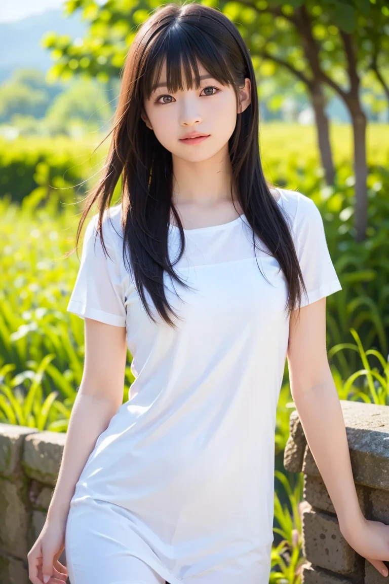 best quality, masterpiece, girl, Dark hair, dark eyes, home, sun shining, shiny skin, sun flare