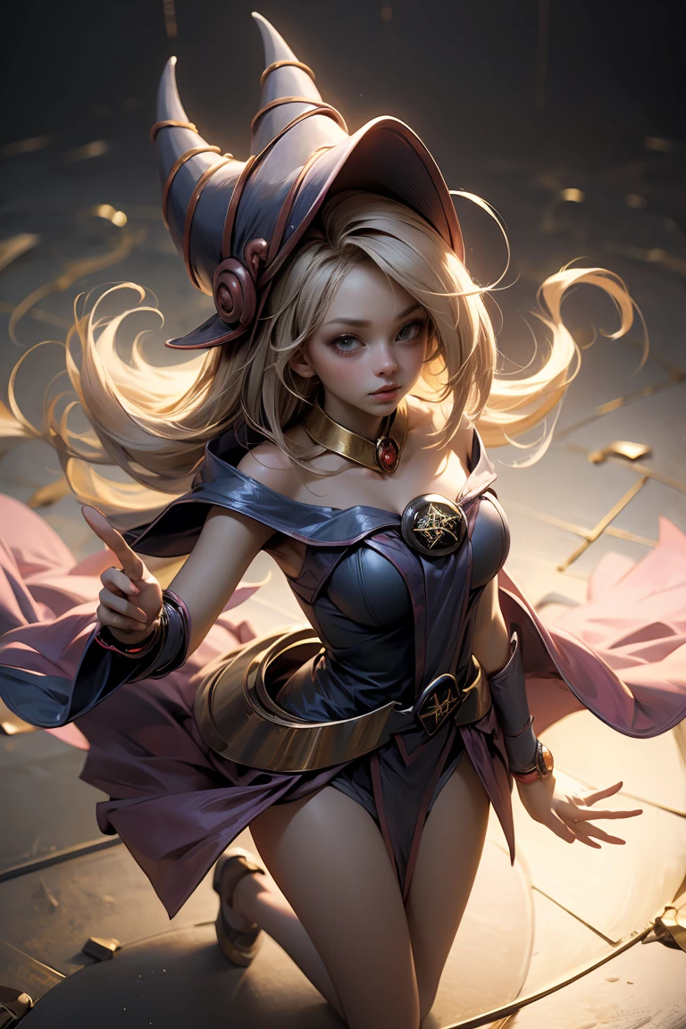(Obra maestra:1.2), (La mejor calidad:1.2), Perfect lighting, Chica Maga Oscura lanzando un hechizo, In his twenties, flotando en el aire, tetas grandes, escote, blue robe, sombrero grande, desde arriba, Destellos, Yugioh juego, Magic of the Heart. Heart lights, Romantic Heart