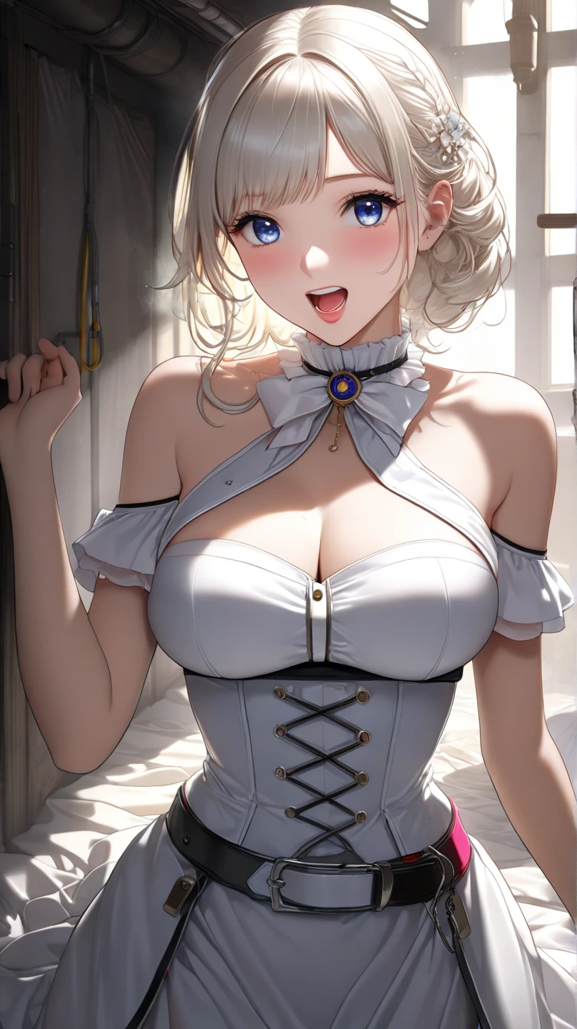 Ultra-high resolution,masterpiece, Attention to detail, highest quality, 4K,Silver braided short bob,(heavy chest,Captivating body、Ultra-detailed skin、Beautiful eyes、Detailed Background),1 girl、smile,(Transparent glass、Hands on glass、Chest on glass)