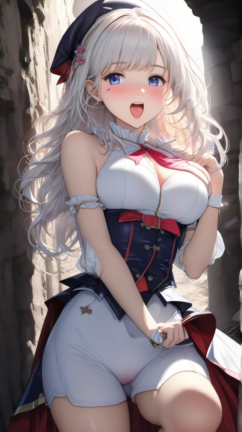 Big breasts, she is a Milf, Busty ((beautiful and cute 28 year old woman)), (((((long, straight, flowing natural white hair with a flower))))), double eyelids, green eyes, of course and detailed, hyper detailed, light effect on the eyes, detailed iris, sensual body, perfect waist, (((((short red top puffy on the breasts, pleated striped skirt, neckline))))), ((masterpiece, hyper realistic, hyper detailed, best quality, 16k, light and shadow on the skin, vivid colors)), eyeliner, sensual expression, perfect lips, innocent and sexy face, (dark skin, skin with light and shadow), beautifully seductive and embarrassed, cute expression, sweet smile ((she is a beautiful milf)), looking at the viewer, near the beach, stone sidewalk, dark night, stars, pose from behind, leg bent up