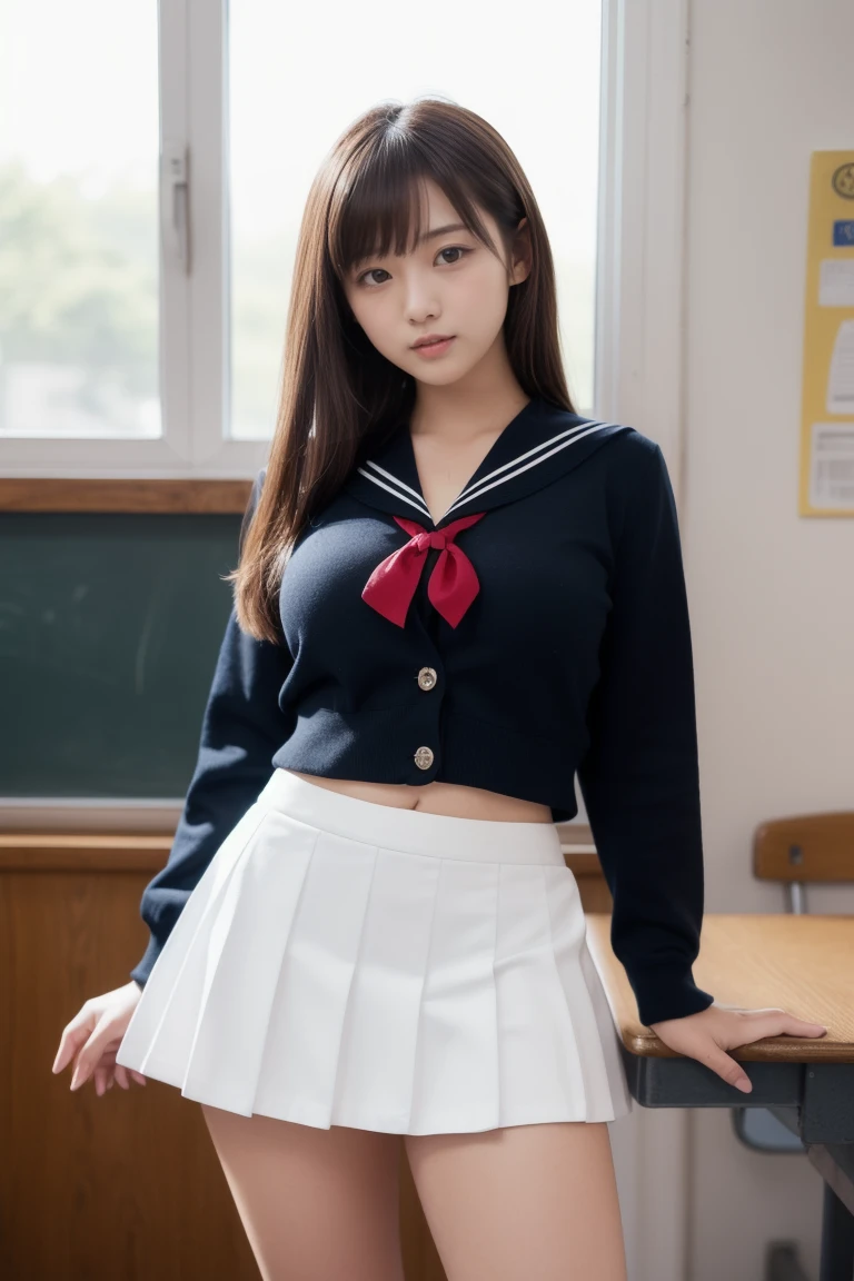 (highest quality,masterpiece:1.3,Ultra-high resolution),(Very detailed、Caustics) (Realistic:1.4, RAW shooting、)Ultra-Realistic Capture、Very detailed、Natural skin texture、masterpiece、(Japanese girls wearing high school sailor uniforms:1.3)、Adorable expression、Expressions of happiness、14 years old、Height: 148cm、Young Face、Amazingly cute、Twin tail hairstyle、Straight hair、Scrunchie、Black Hair、light makeup、Slightly large breasts、Bare arms、Shining thighs、Shining ass、Filmed in a junior high school classroom、Background in detail、(Pose taking off panties) 、Satin fabric panties are visible、smile、An inviting gaze、Anatomically correct、Cowboy Shot、Attention to detail、Pose that emphasizes the legs、