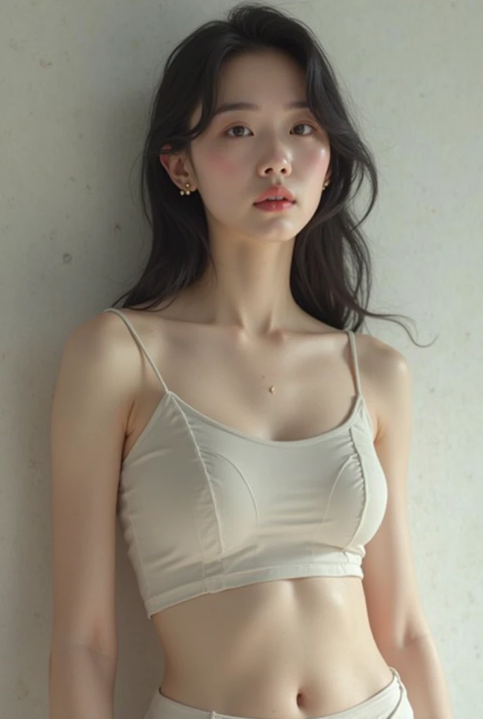 masterpiece,Best picture quality,Extreme details,Ultra-high resolution,Ultra-high definition,Beautiful young people,Glowing skin,thin,Black Hair,Half bun,1,big eyes,beautiful eyes,Lipstick,Exquisite facial features,Medium shot,Looking at the viewer, Tube Top Suspenders,Single tone background,White background,Soft light,Wear flowers on your head
