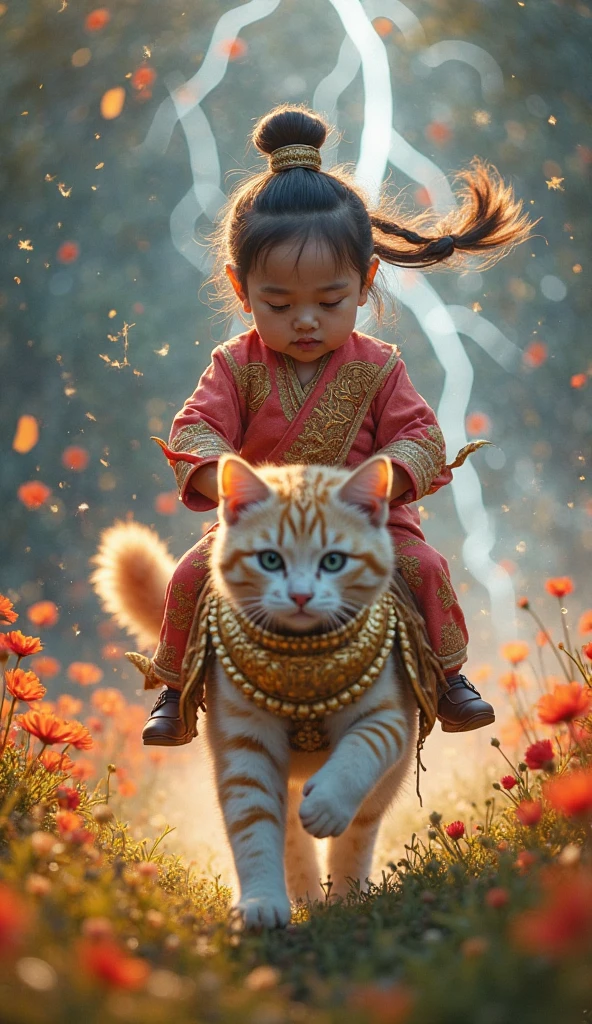 make a photo of a kitten being ridden by a Indonesian boy the size of the cat, bald, dressed like a knight with a bow and arrow, looks very serious, looks very real, afternoon lighting, macro photo, realistic, standing on grass, bush background2