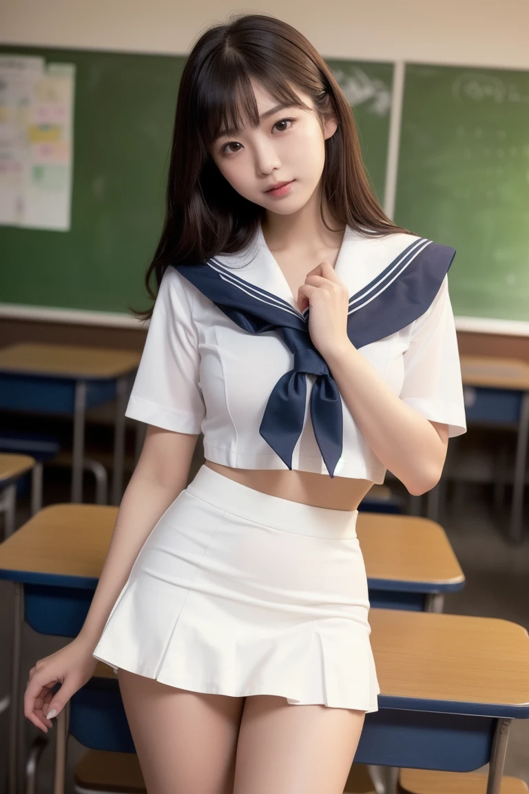(reality: 1.4),highest quality, masterpiece, high detail, 16K quality, beautiful, 1 beautiful girl,japanese,super beautiful face,baby face,japanese idol face,cute face,super detailed face,detailed hand,beautiful skin,oily skin,big eyes,profeccional lighting,medium hair,black hair,brown beautiful eyes, big smile,standing, (skirt lift),big breasts,(sailor suit),(checked skirt),white panties,(showing panties:1.5),black high socks,spread legs, she is looking at the camera,classroom, nsfw,from below,