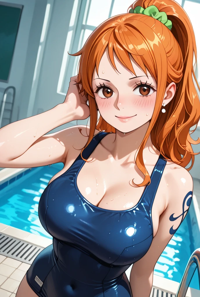 Highest quality、Best image quality、masterpiece、独奏, a girl、One woman, (((3 mature woman))), Best Bust、Large Breasts, Cleavage、Beautiful Eyes、Orange Hair、green eyes、Red lips, ((ponytail)), Drill Hair, ((forehead)), (sideburns), Very cute face, Glossy Lips, Double eyelids on both eyes, Tight waist、Beautiful Face、Natural smile、red cheek、frilled bandeau bikini, At the school pool、sexy pose, bewitching pose, Model Pose, cowboy shot
